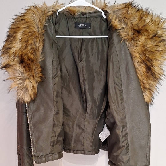 AKIRA Olive Faux Leather Jacket with Faux Fur Collar - Picture 5 of 7
